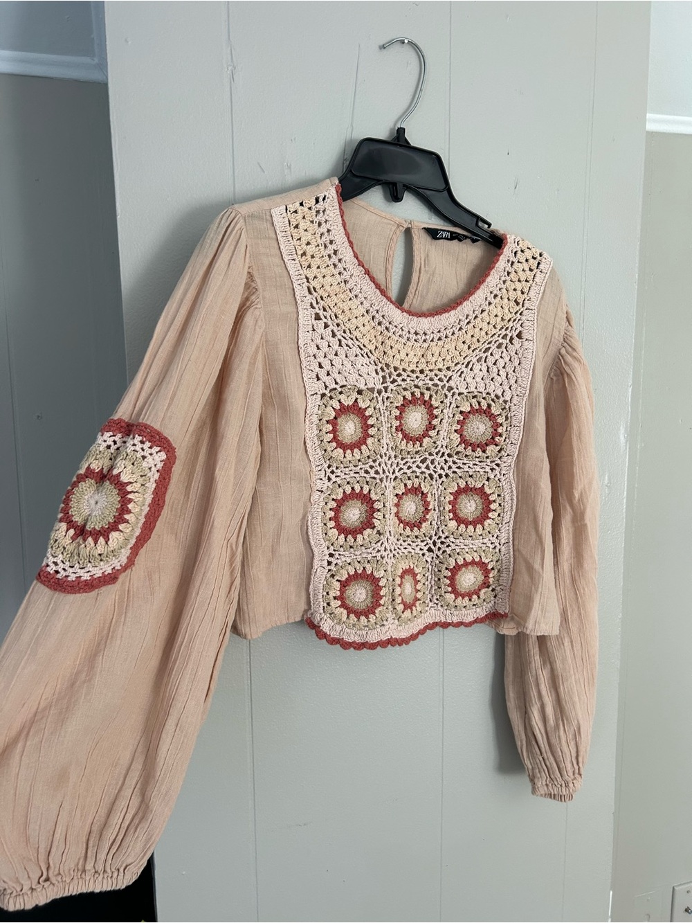 Zara Beige Crochet Panel Blouse with Rose Accents